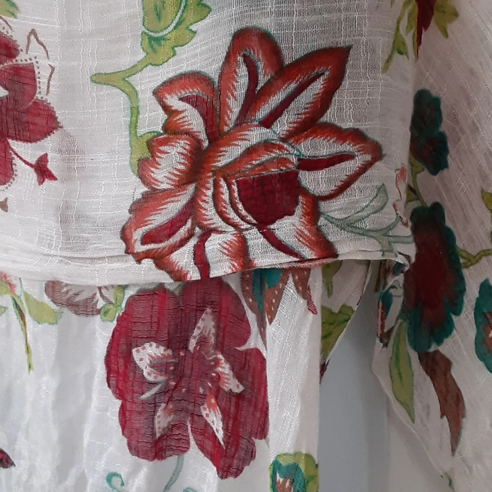 Teal, lime, red floral print on cream scarf